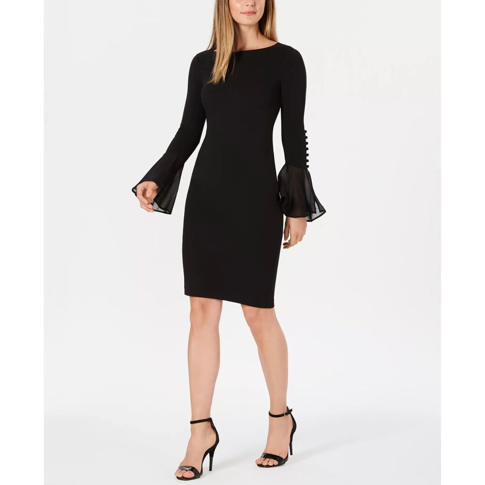 Calvin Klein Chiffon Bell Sleeve Sheath Dress Black SZ 6 Evening Date Night